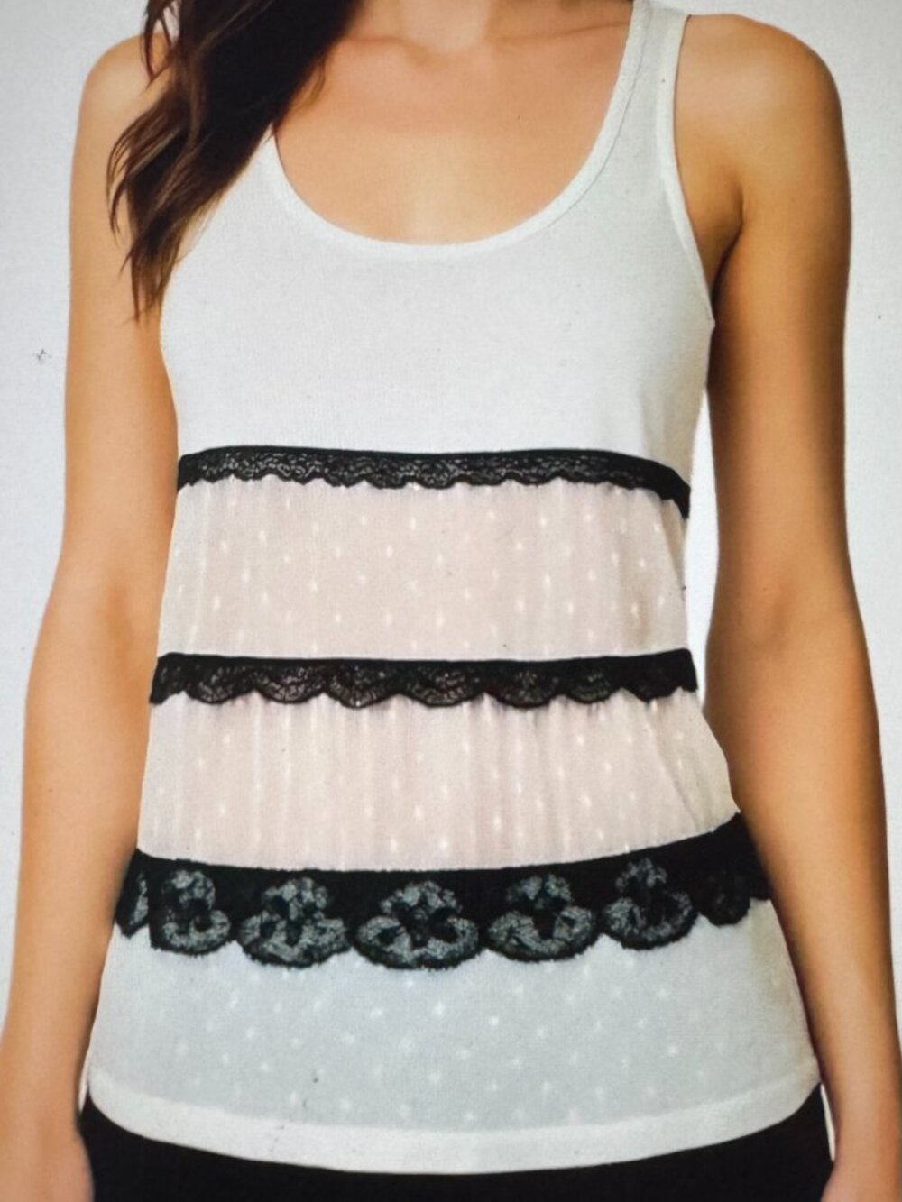 Sam & Max Off White & Black Lace Sleeveless Lightweight Blouse Polka Dot Top